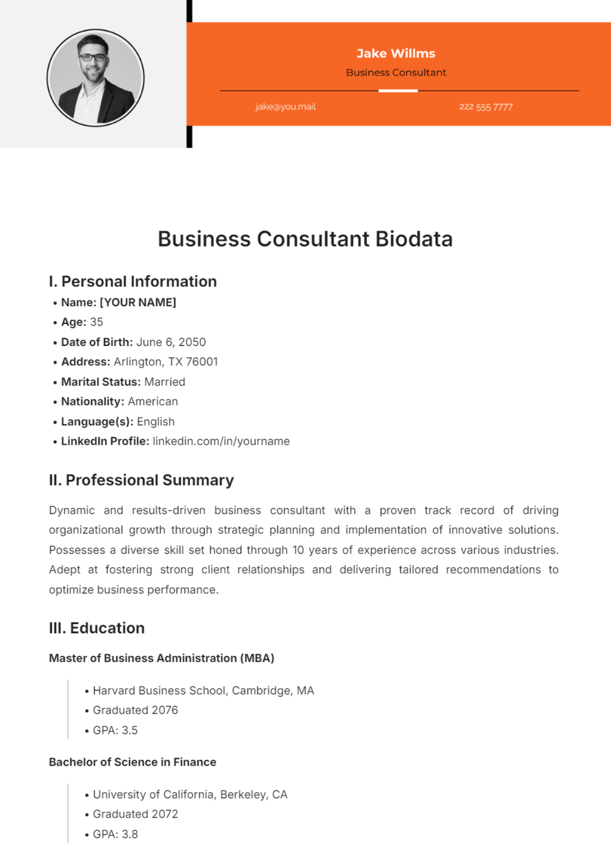 Business Consultant Biodata Template - Edit Online & Download