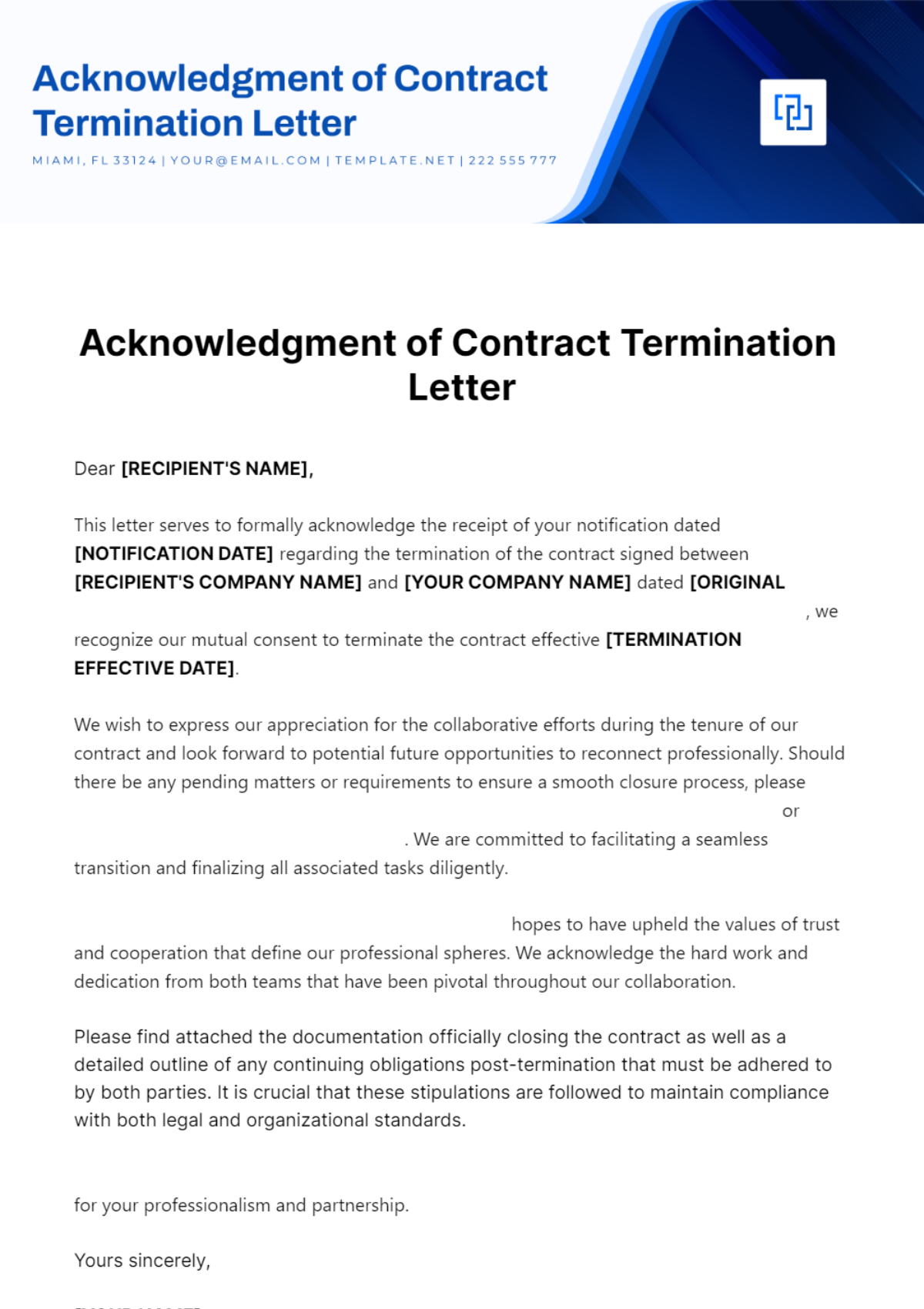 Acknowledgment Of Contract Termination Letter Template
