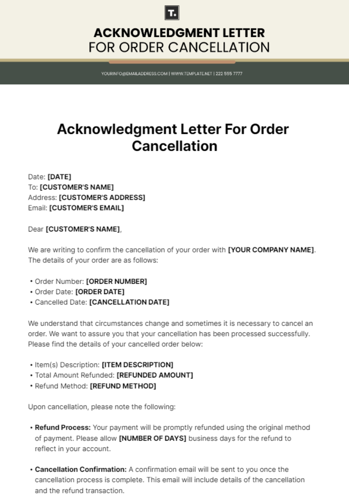 Acknowledgment Letter For Order Cancellation Template