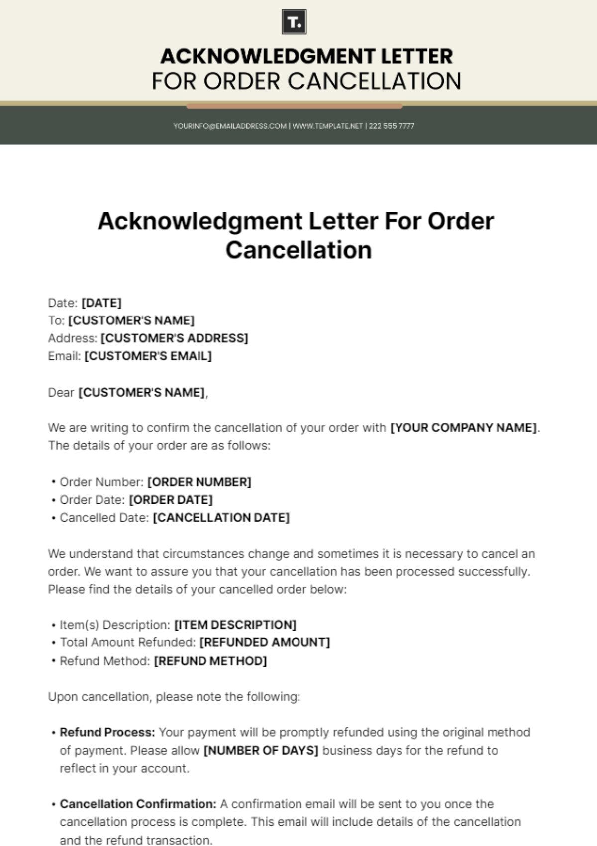 Acknowledgment Letter For Order Cancellation Template - Edit Online & Download