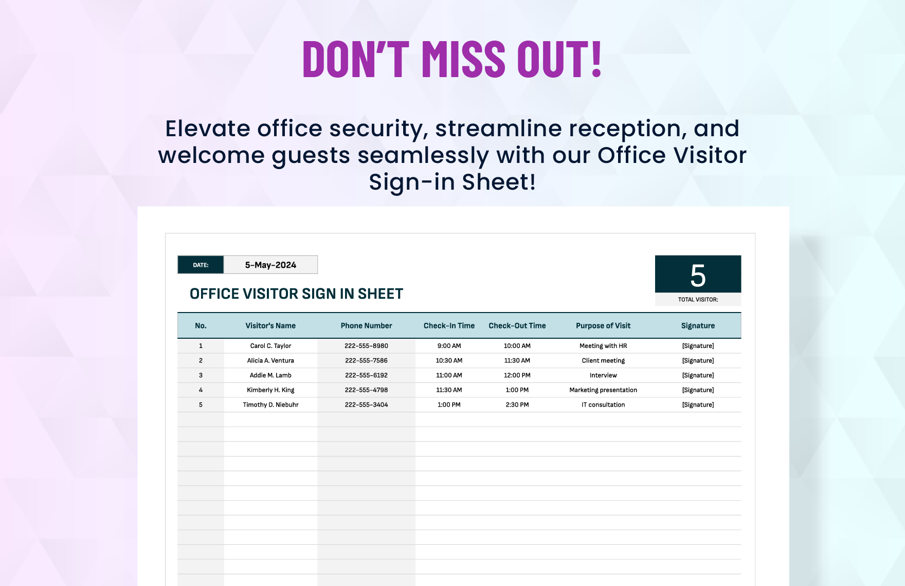 Office Visitor Sign in Sheet Template