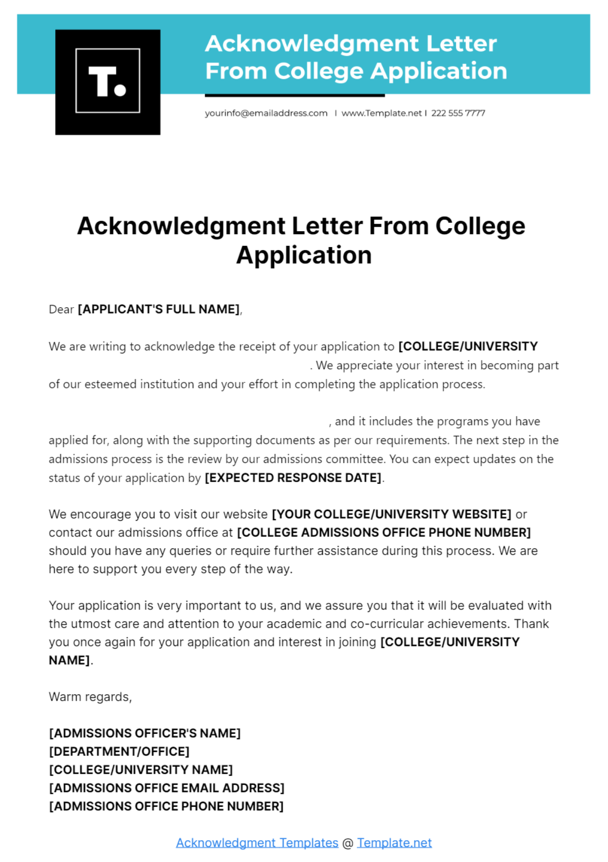 Acknowledgment Letter From College Application Template