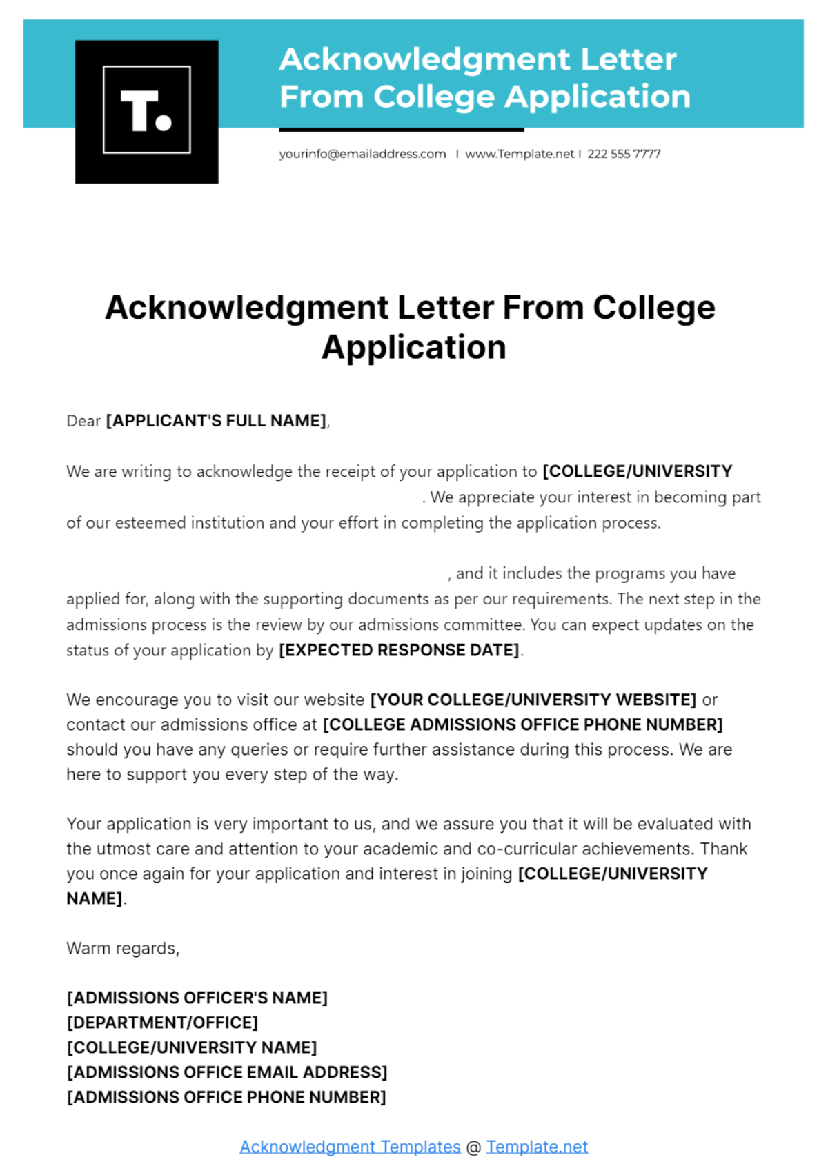 Acknowledgment Letter From College Application Template - Edit Online & Download