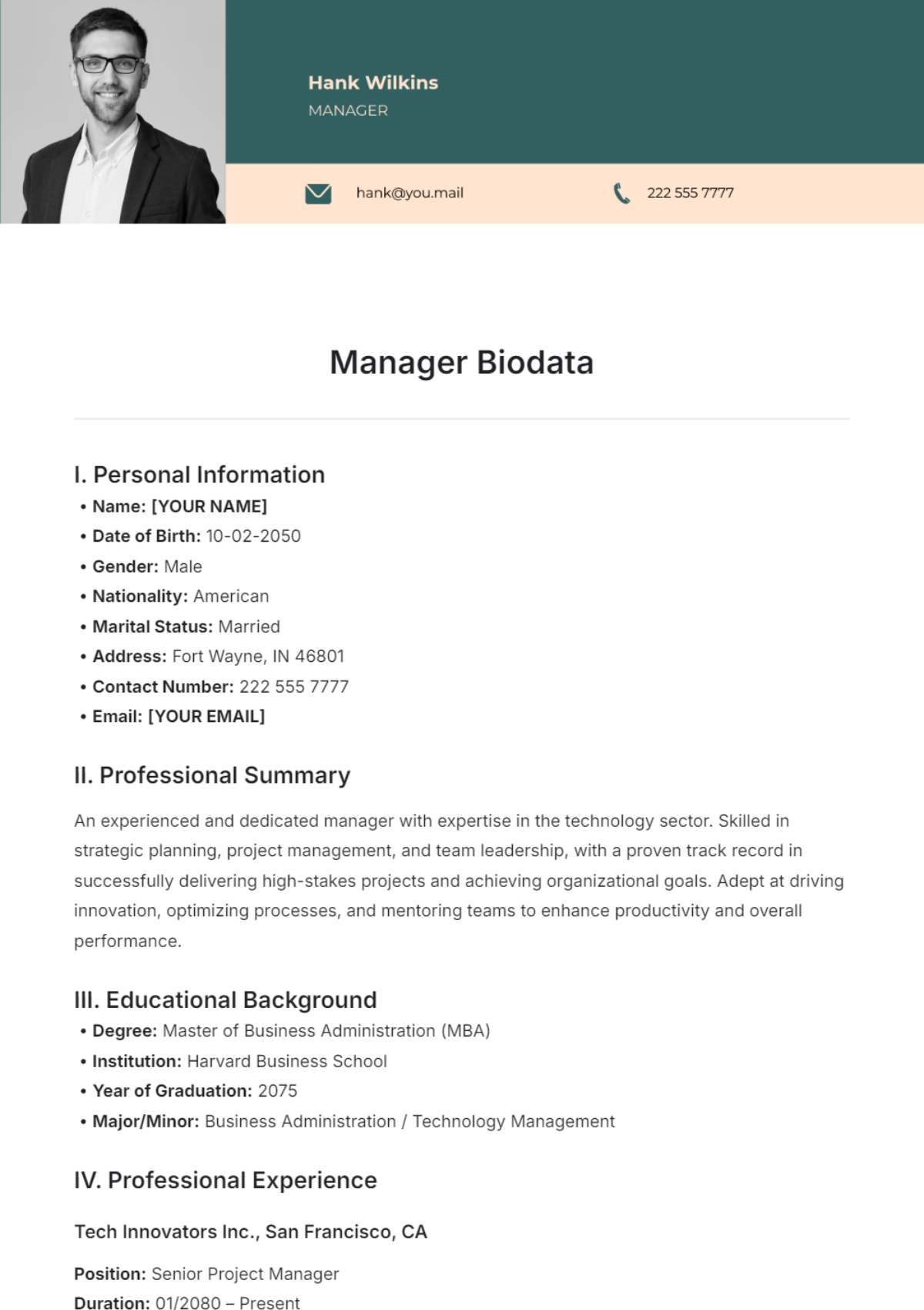 Manager Biodata Template - Edit Online & Download