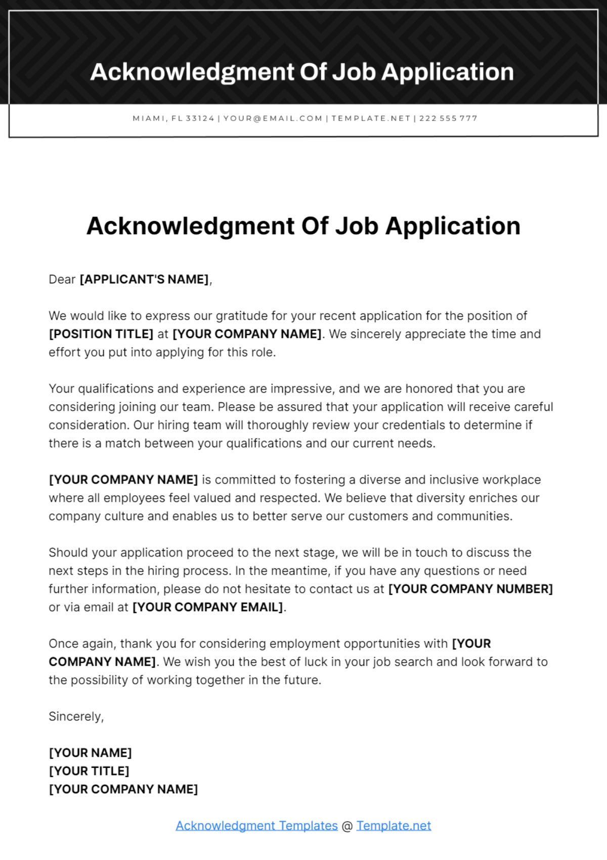 Acknowledgment Of Job Application Template