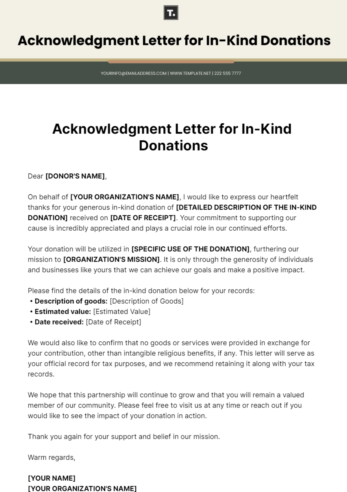 Acknowledgment Letter For In-Kind Donations Template