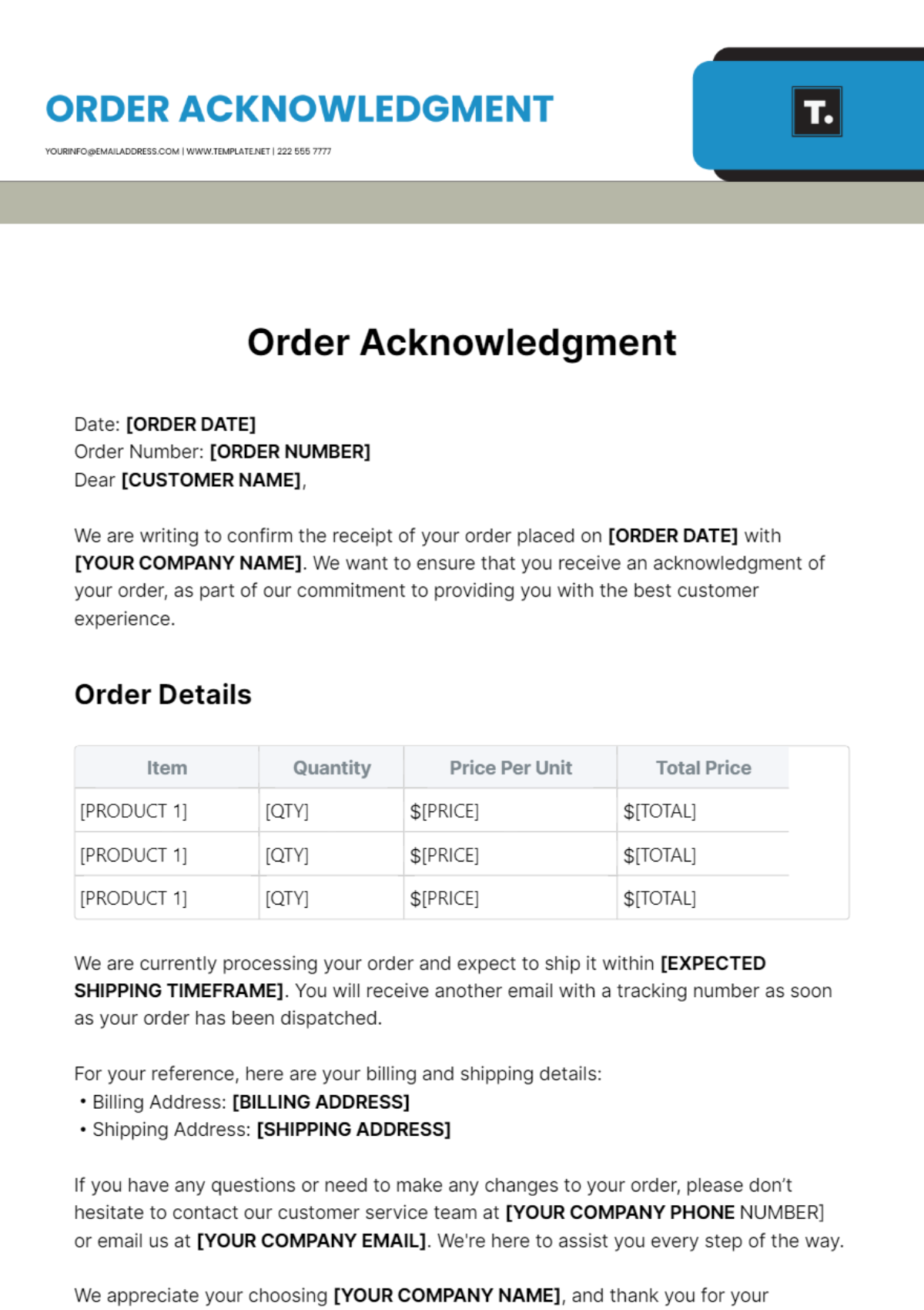 Order Acknowledgment Template