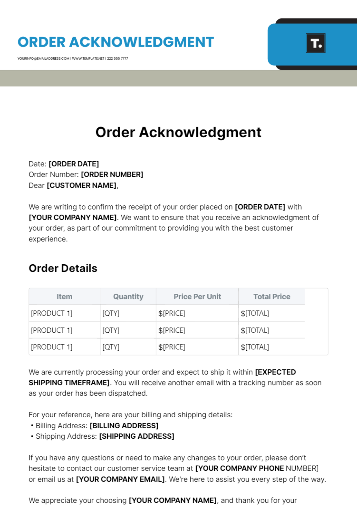 Order Acknowledgment Template - Edit Online & Download