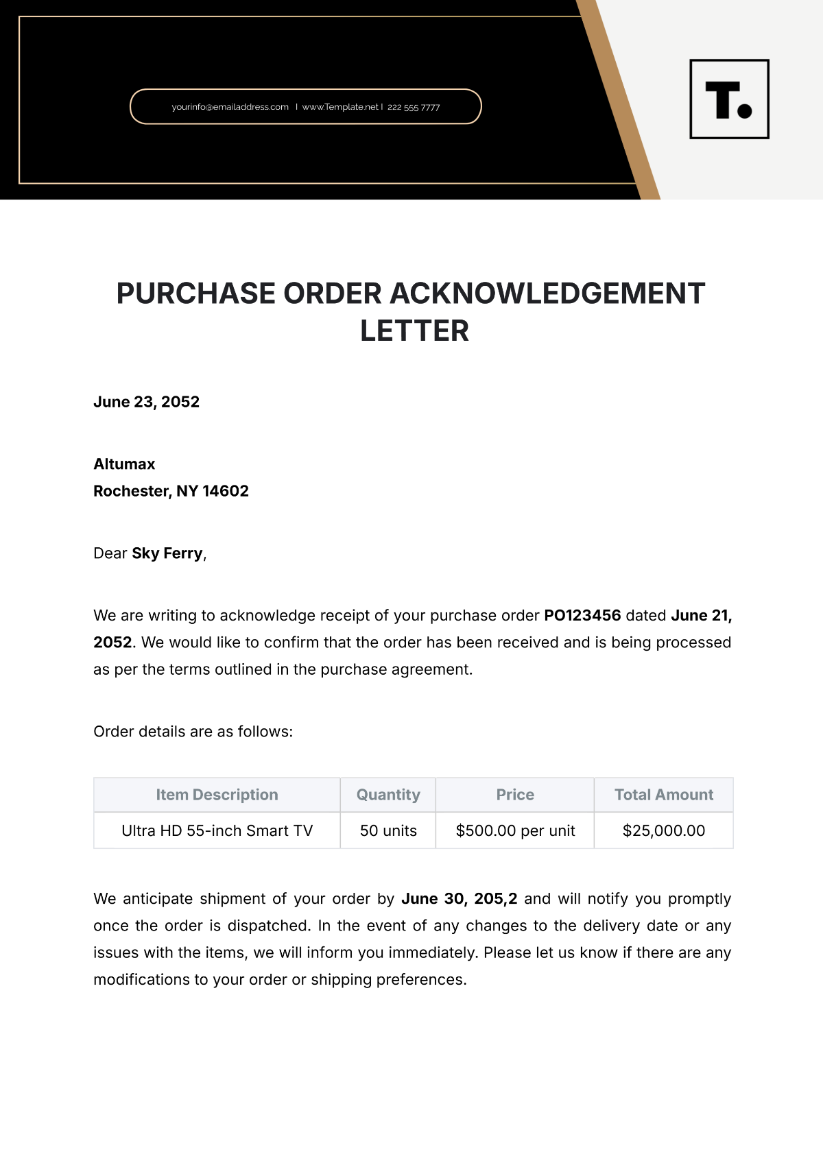 Purchase Order Acknowledgement Letter - Edit Online & Download