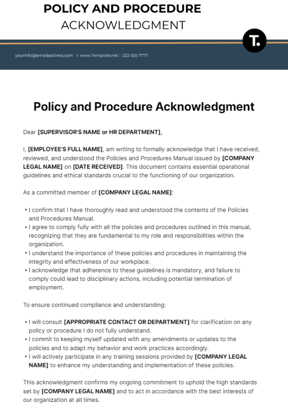 Policy And Procedure Acknowledgment Template
