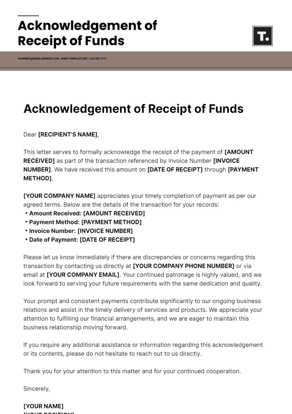 Acknowledgment Of Receipt Of Funds Template