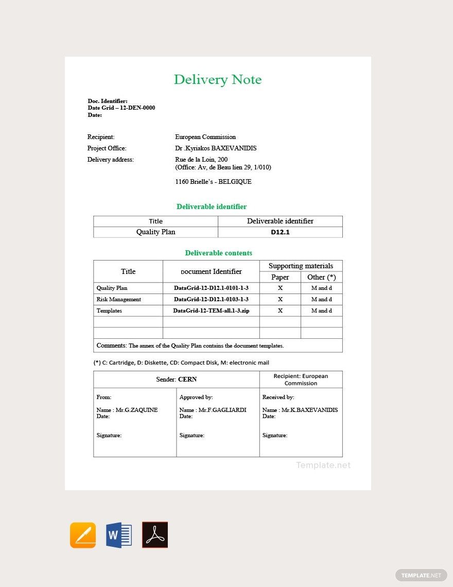 Sample Vehicle Delivery Note Template in GDocsLink, Portable Documents