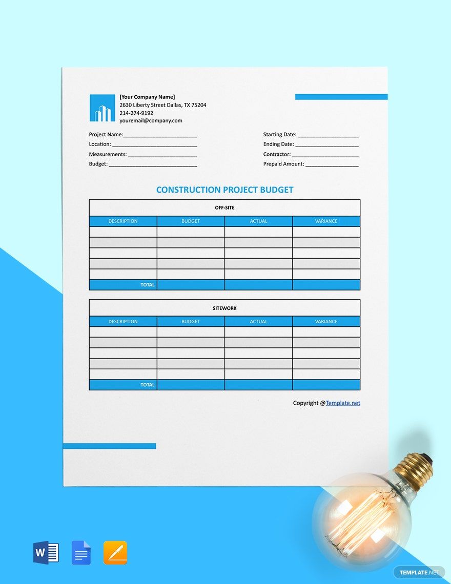 Free Blank Construction Project Budget Template