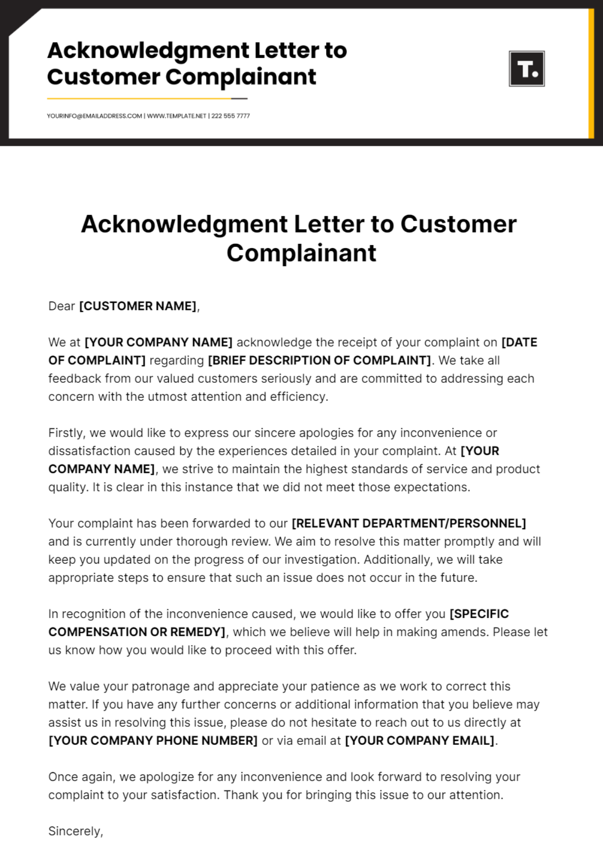 Acknowledgment Letter To Customer Complainant Template