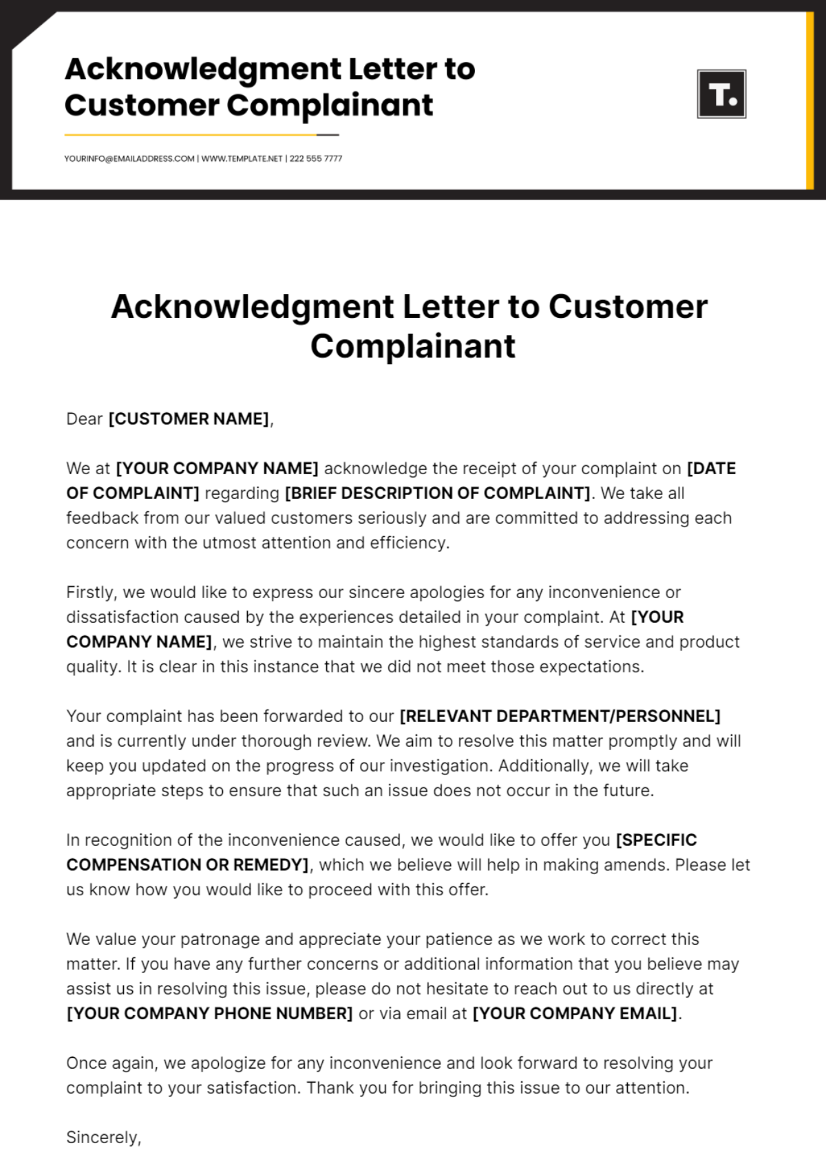 Acknowledgment Letter To Customer Complainant Template - Edit Online & Download