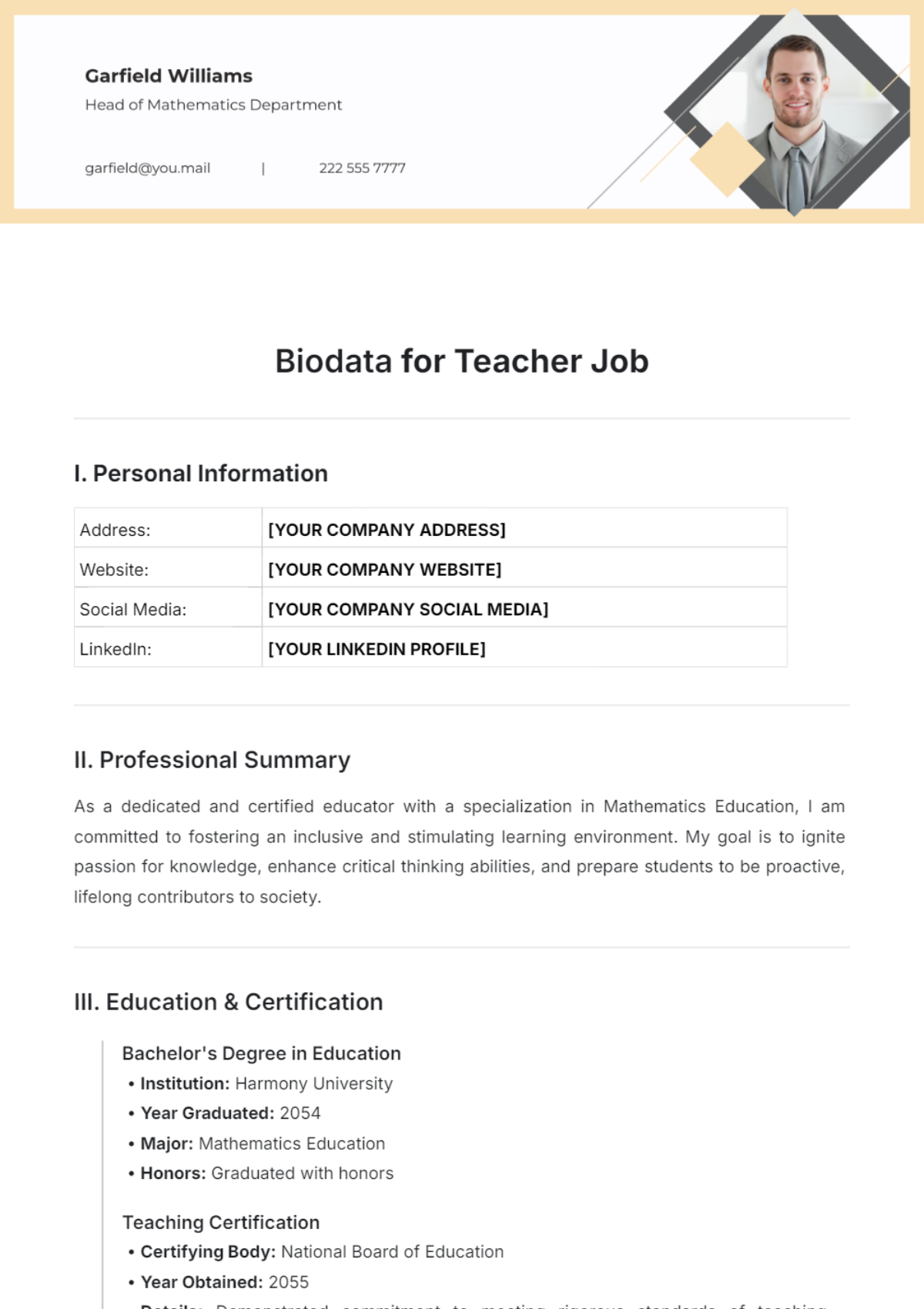 Biodata for Teacher Job Template - Edit Online & Download