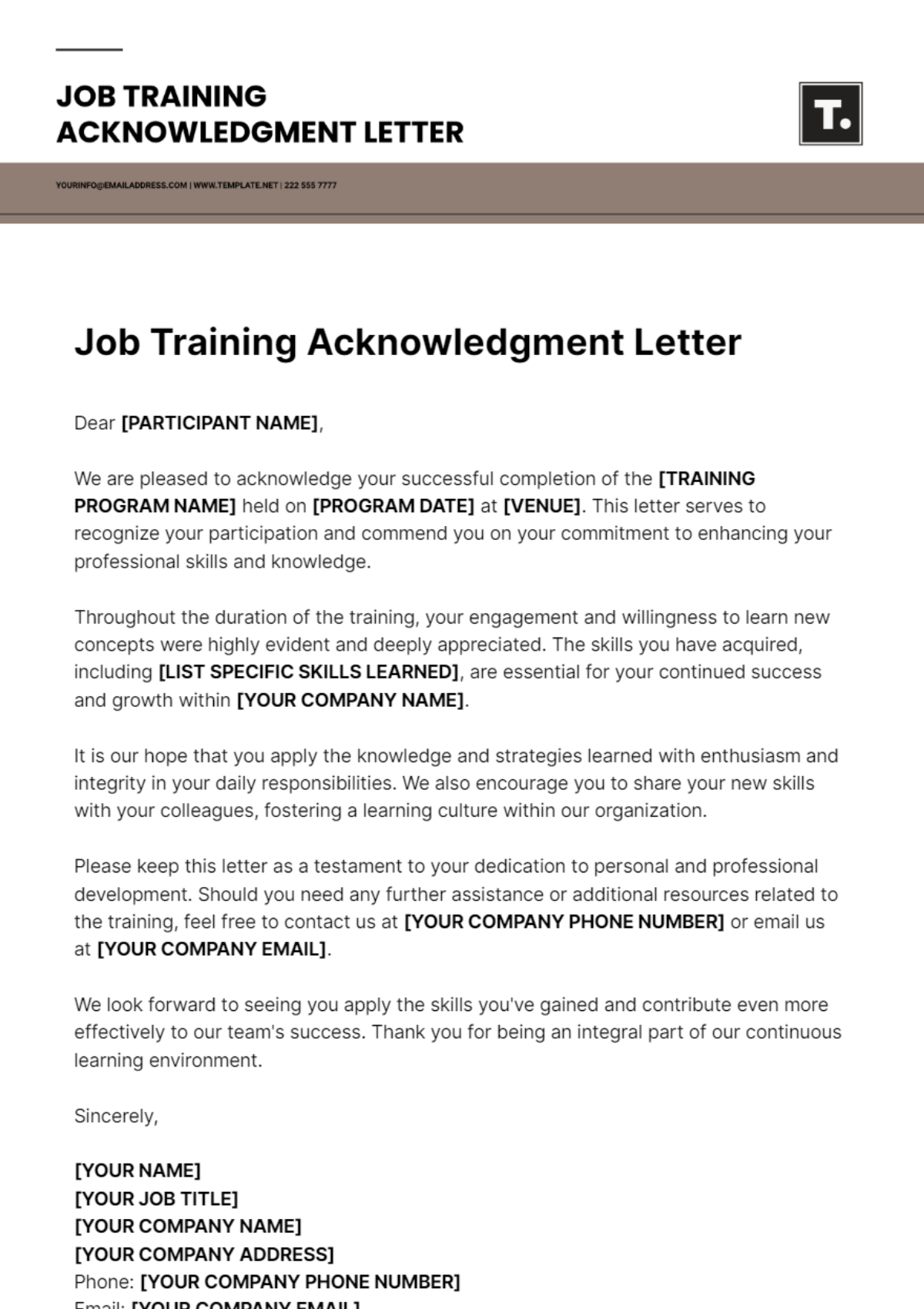 Job Training Acknowledgment Letter Template