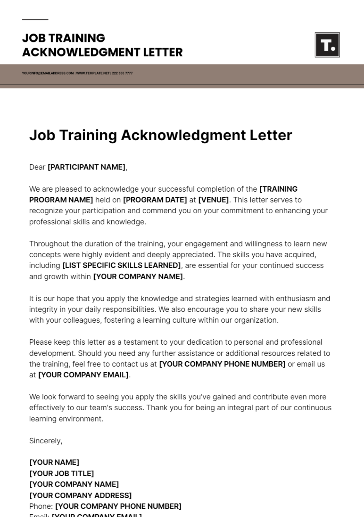 Job Training Acknowledgment Letter Template - Edit Online & Download