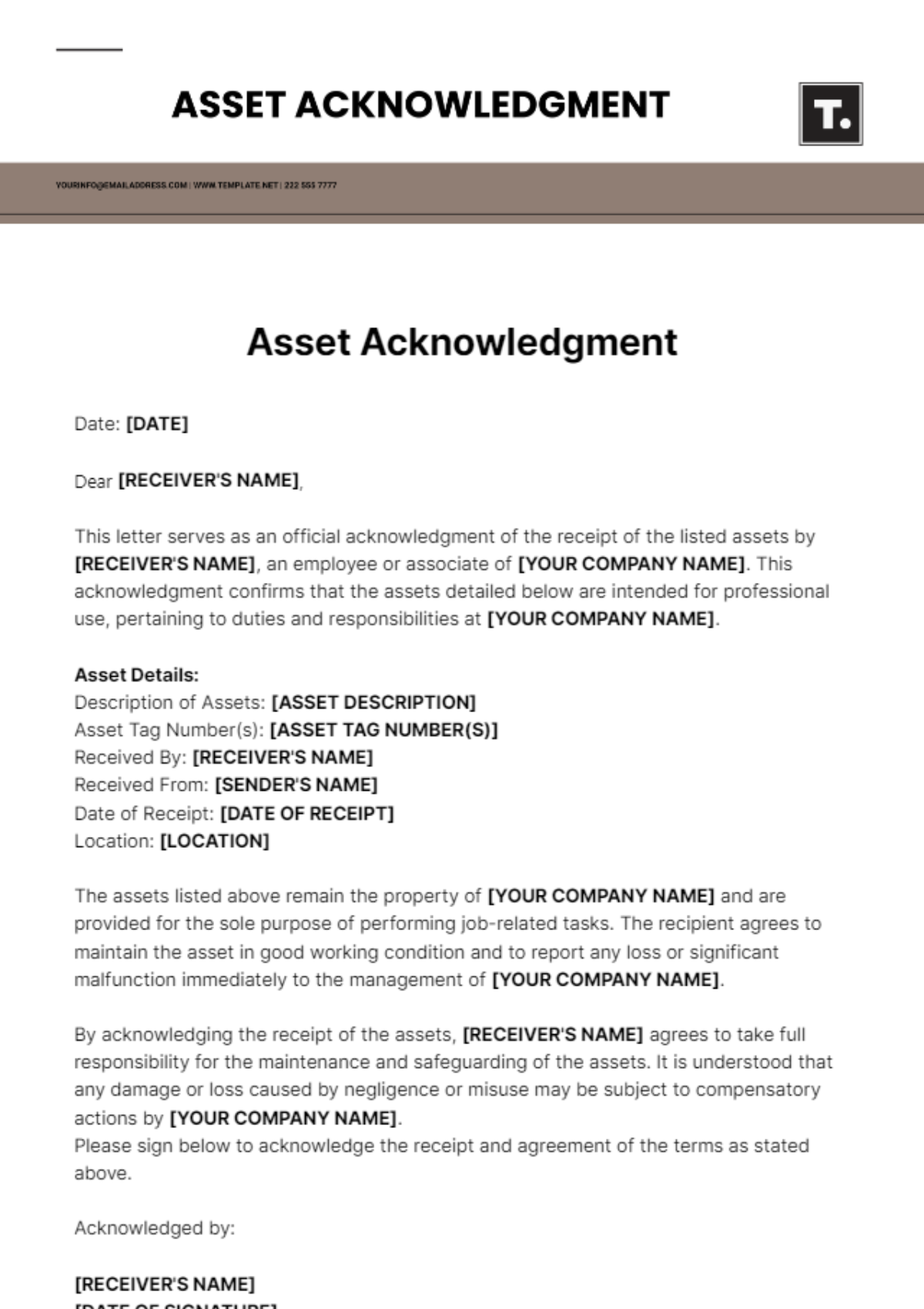Asset Acknowledgment Template