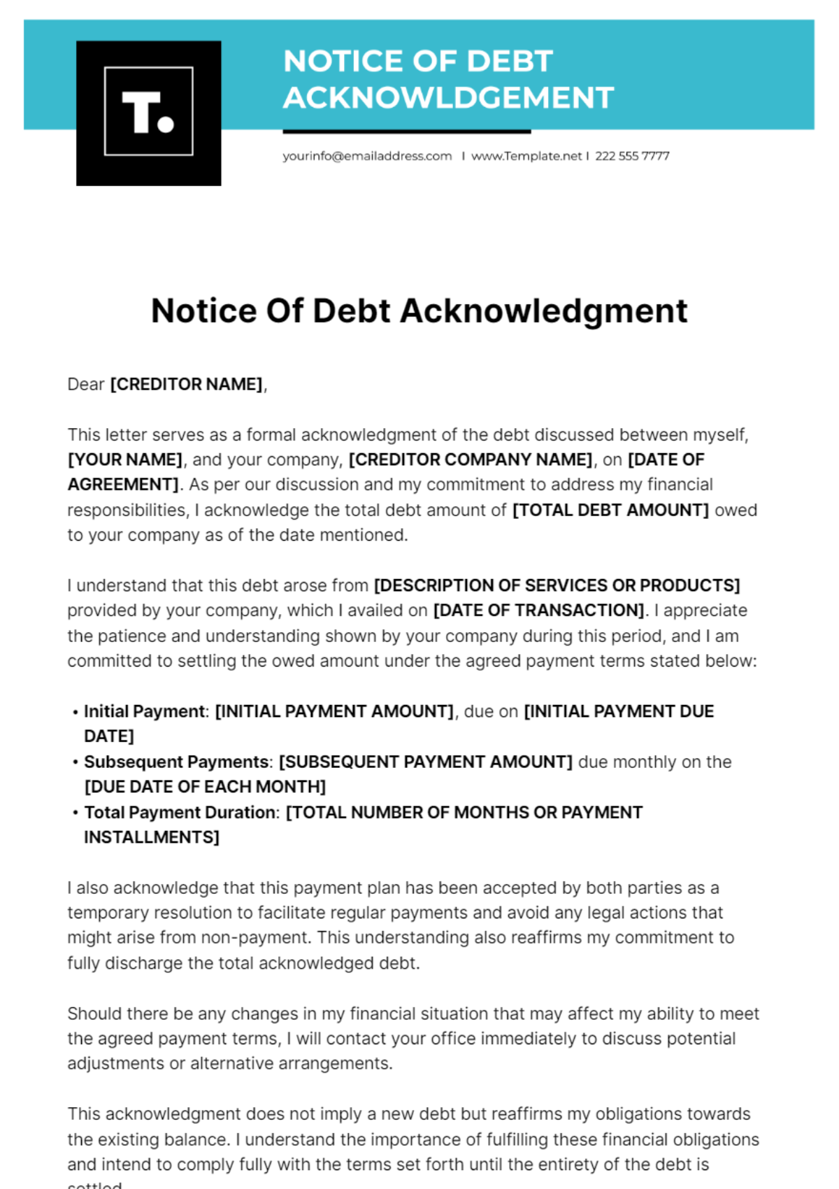 Notice Of Debt Acknowledgment Template