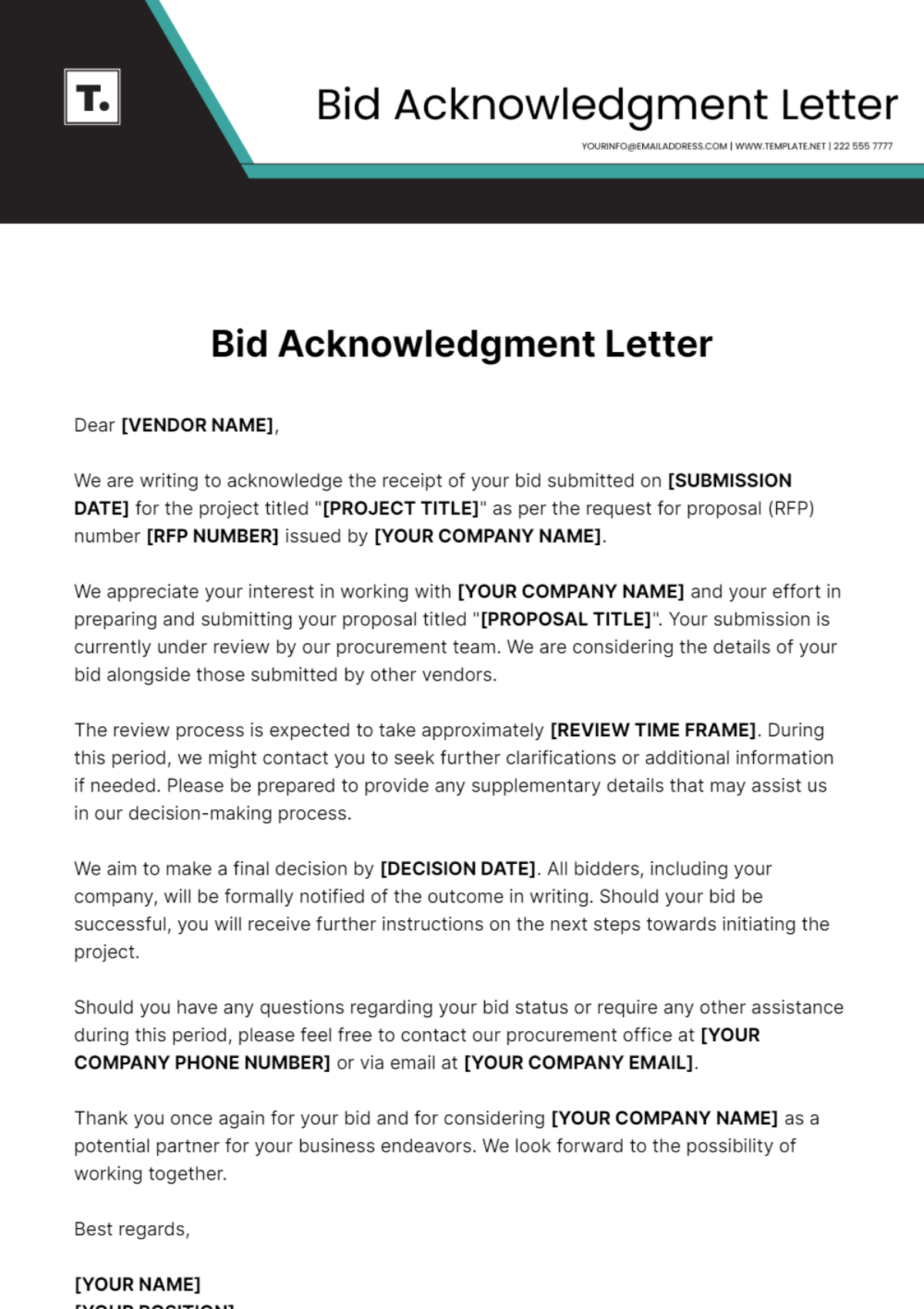 Bid Acknowledgment Letter Template - Edit Online & Download