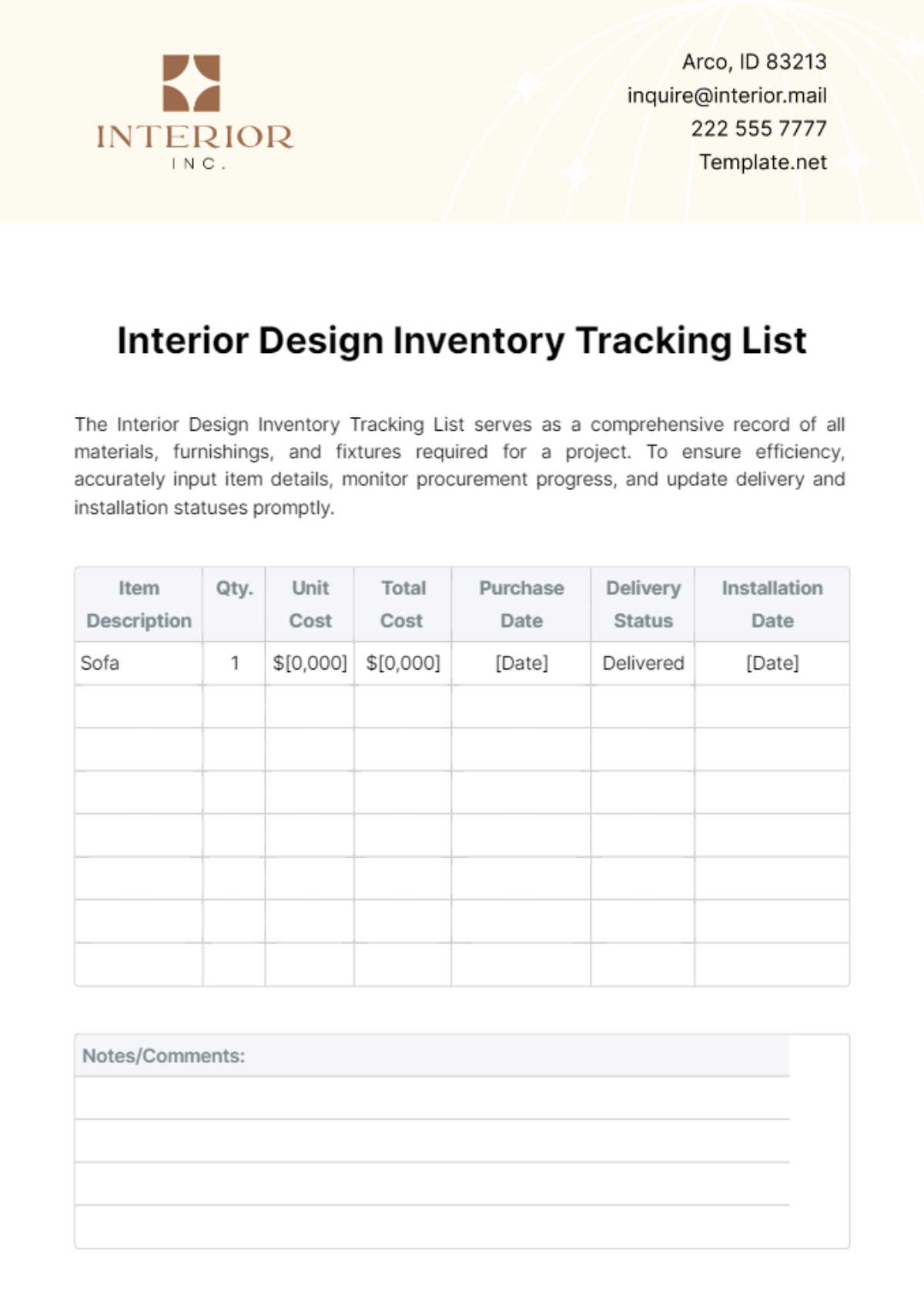 Interior Design Inventory Tracking List Template - Edit Online & Download