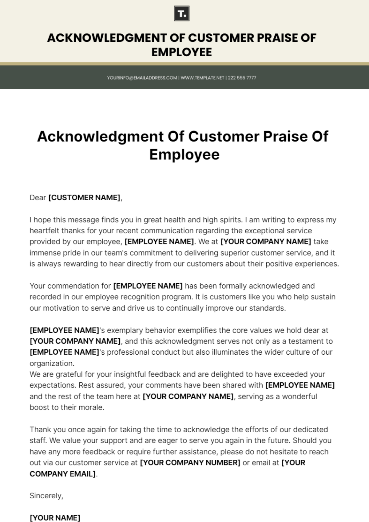 Acknowledgment Of Customer Praise Of Employee Template