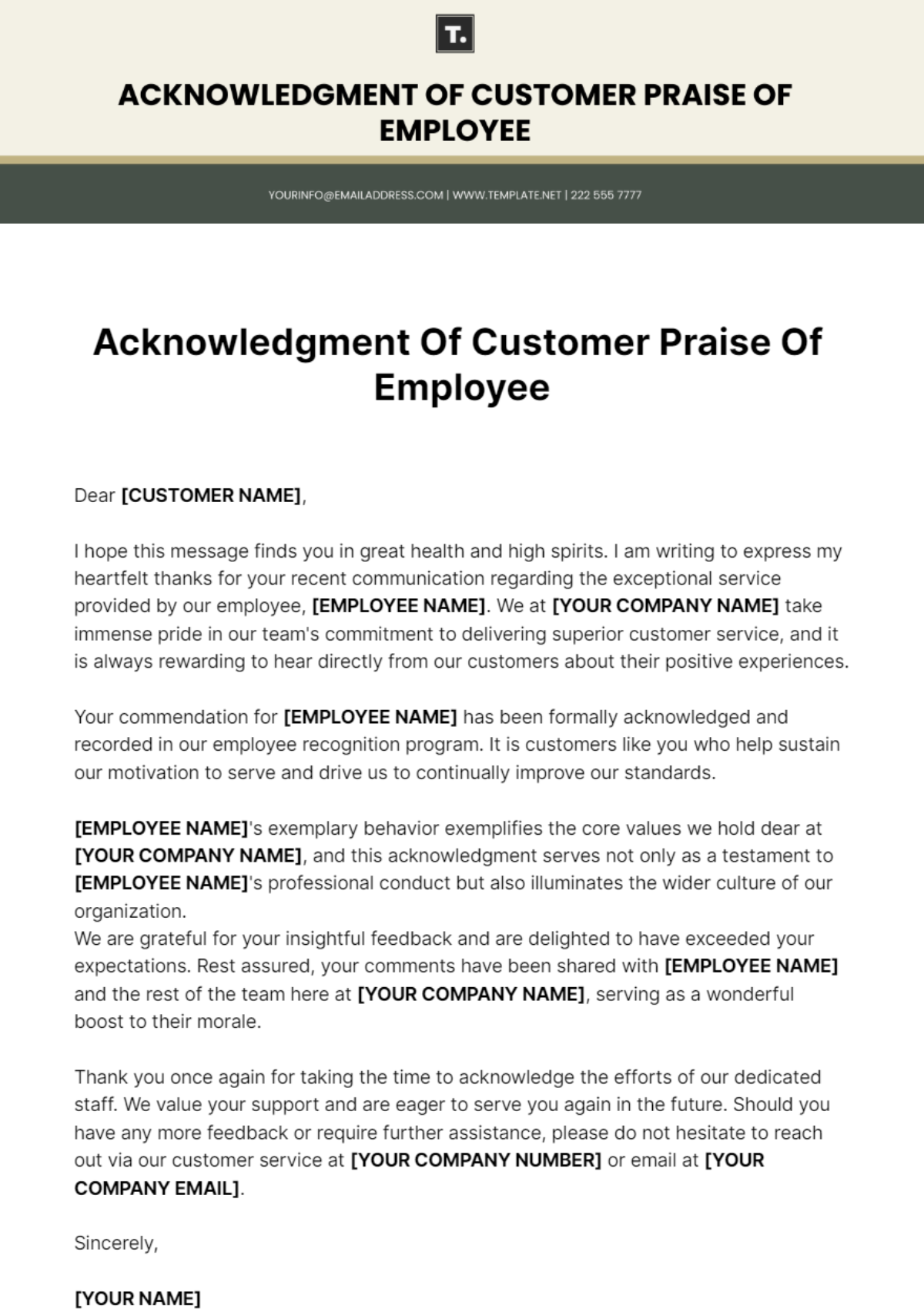 Acknowledgment Of Customer Praise Of Employee Template - Edit Online & Download