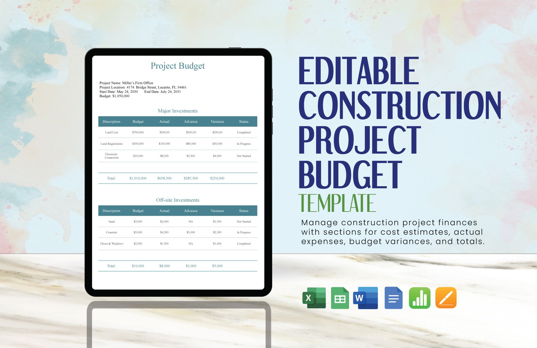 Editable Construction Project Budget Template in Word, Google Docs, Excel, Google Sheets, Apple Pages, Apple Numbers