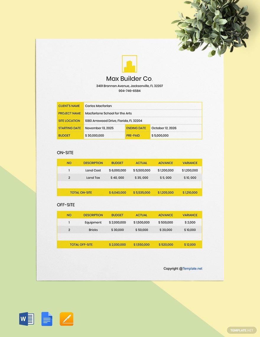 Simple Construction Project Budget Template