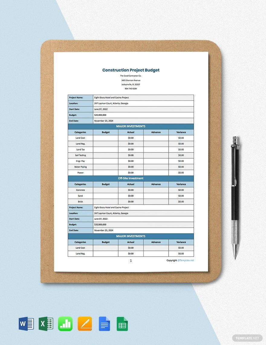 Sample Construction Project Budget Template