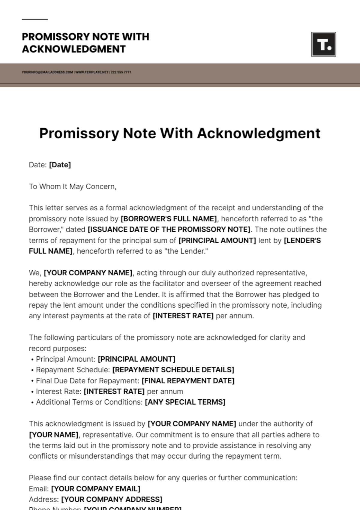 Promissory Note With Acknowledgment Template