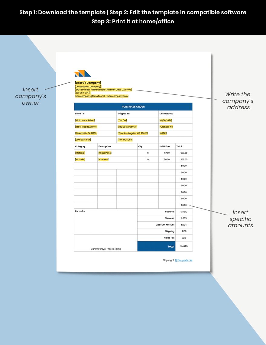 Printable Construction Purchase Template