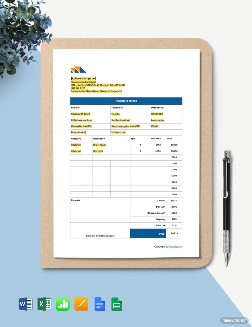 Printable Construction Purchase Template