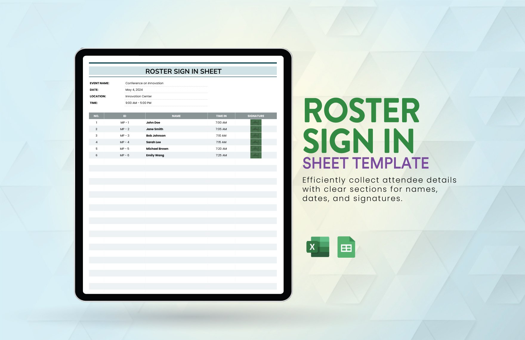 Roster Sign in Sheet Template in Excel, Google Sheets