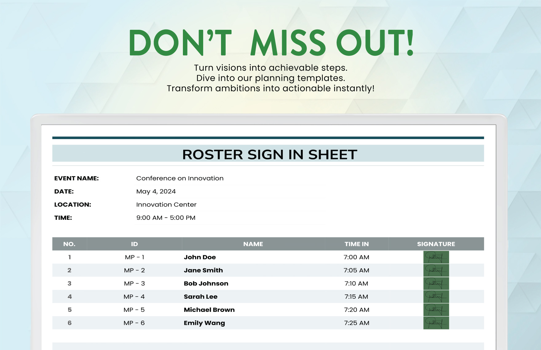 Roster Sign in Sheet Template