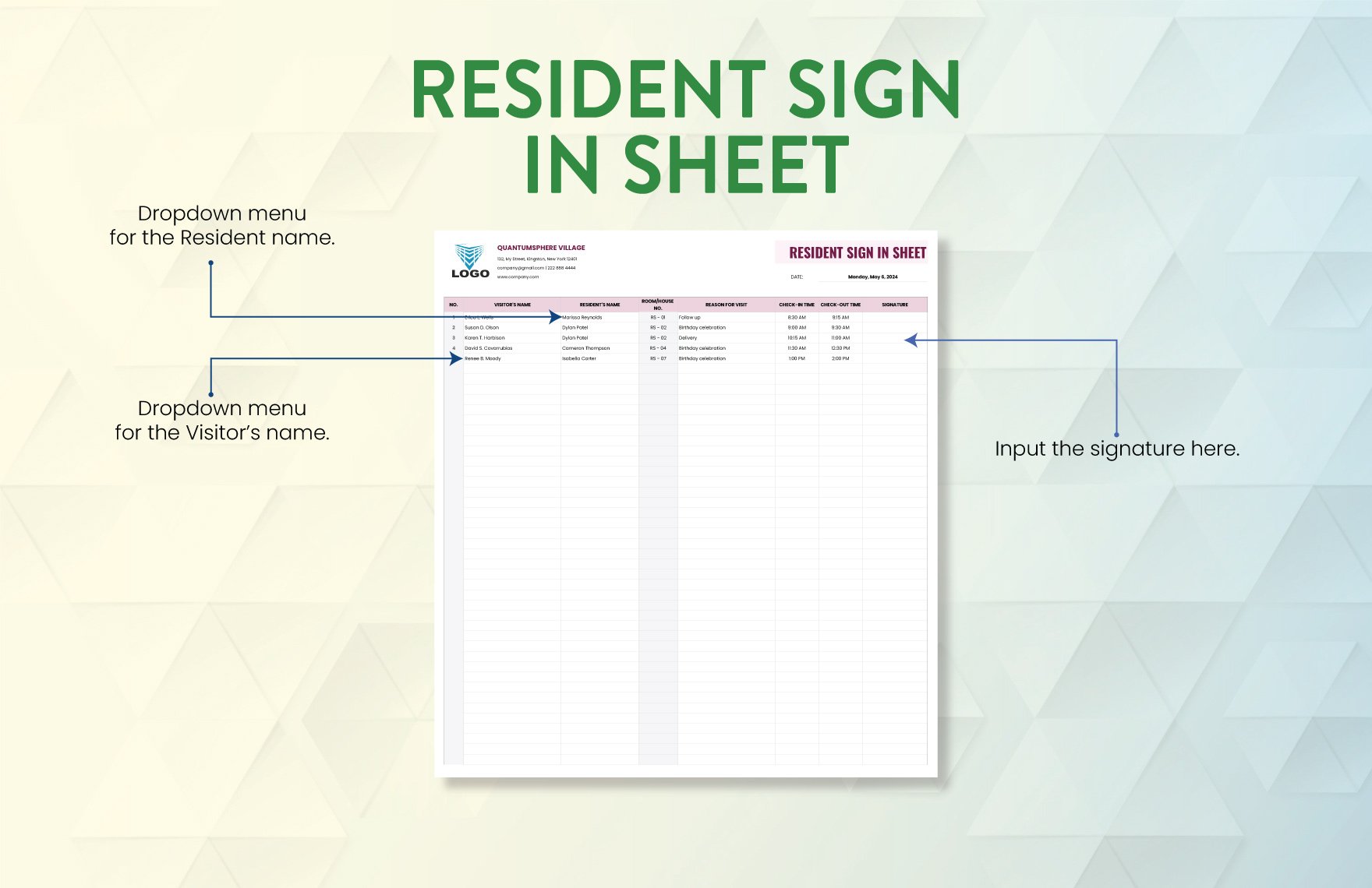 Resident Sign in Sheet Template