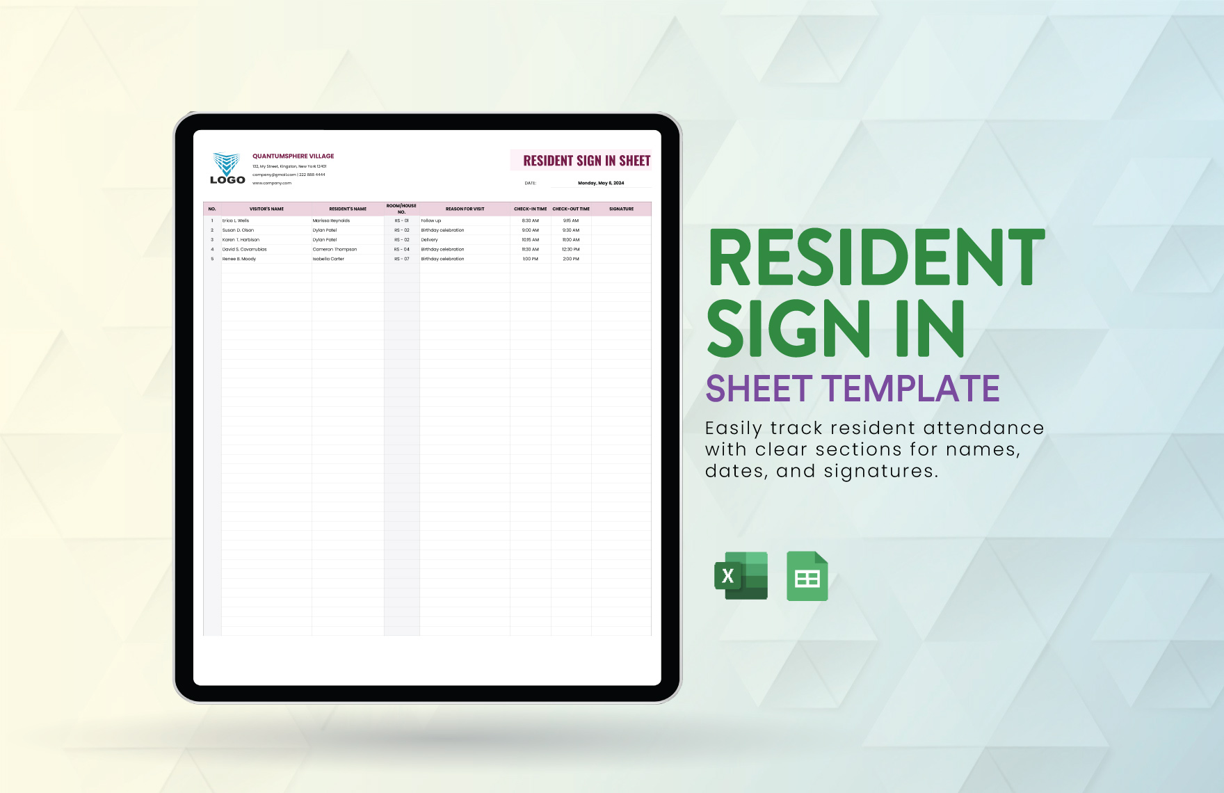 Resident Sign in Sheet Template in Excel, Google Sheets
