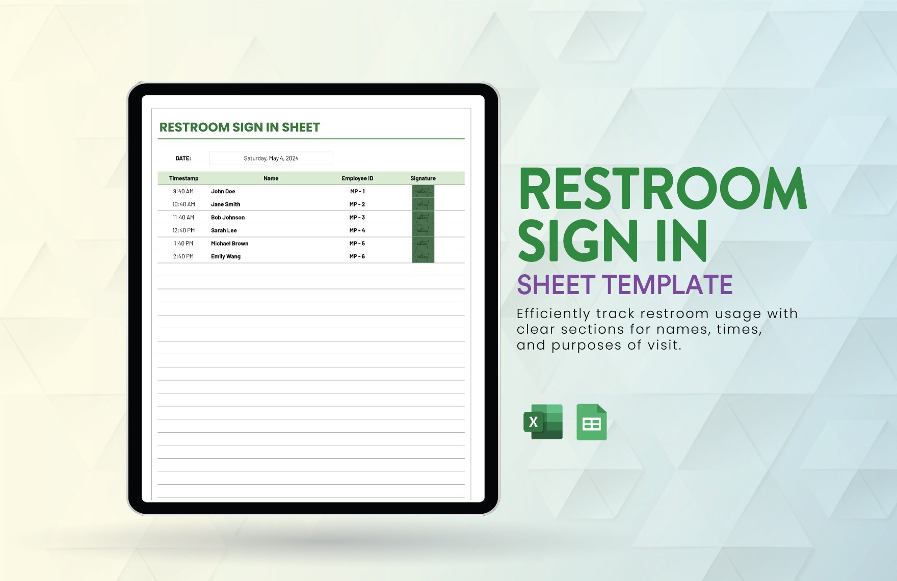 Restroom Sign in Sheet Template in Excel, Google Sheets