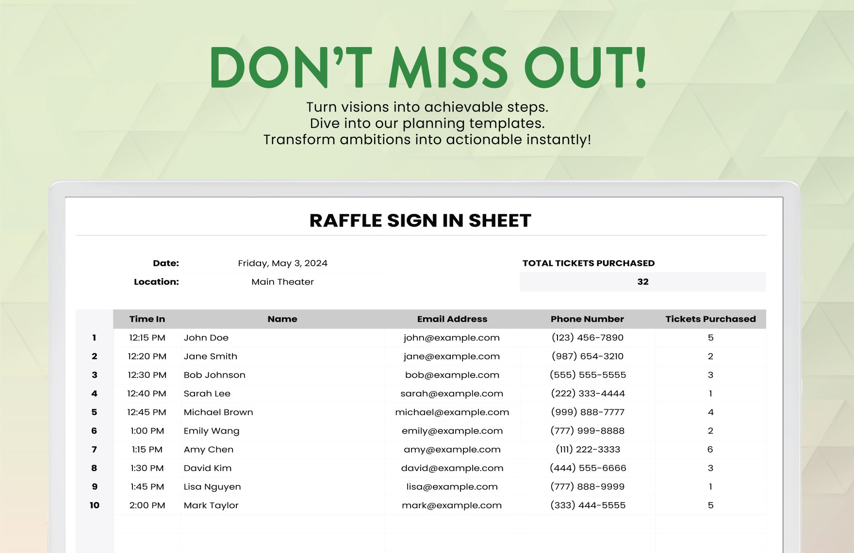 Raffle Sign in Sheet Template