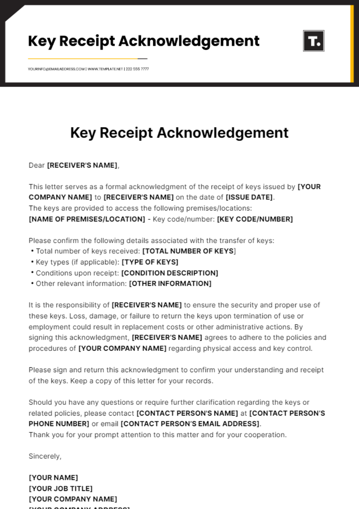 Free Key Receipt Acknowledgment Template - Edit Online & Download ...