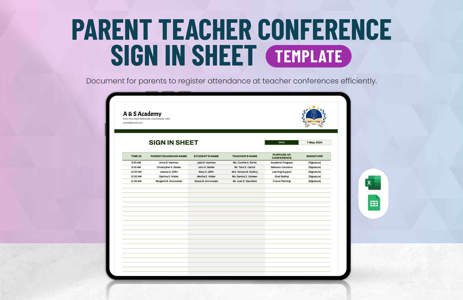 Parent Teacher Conference Sign in Sheet Template in Excel, Google Sheets