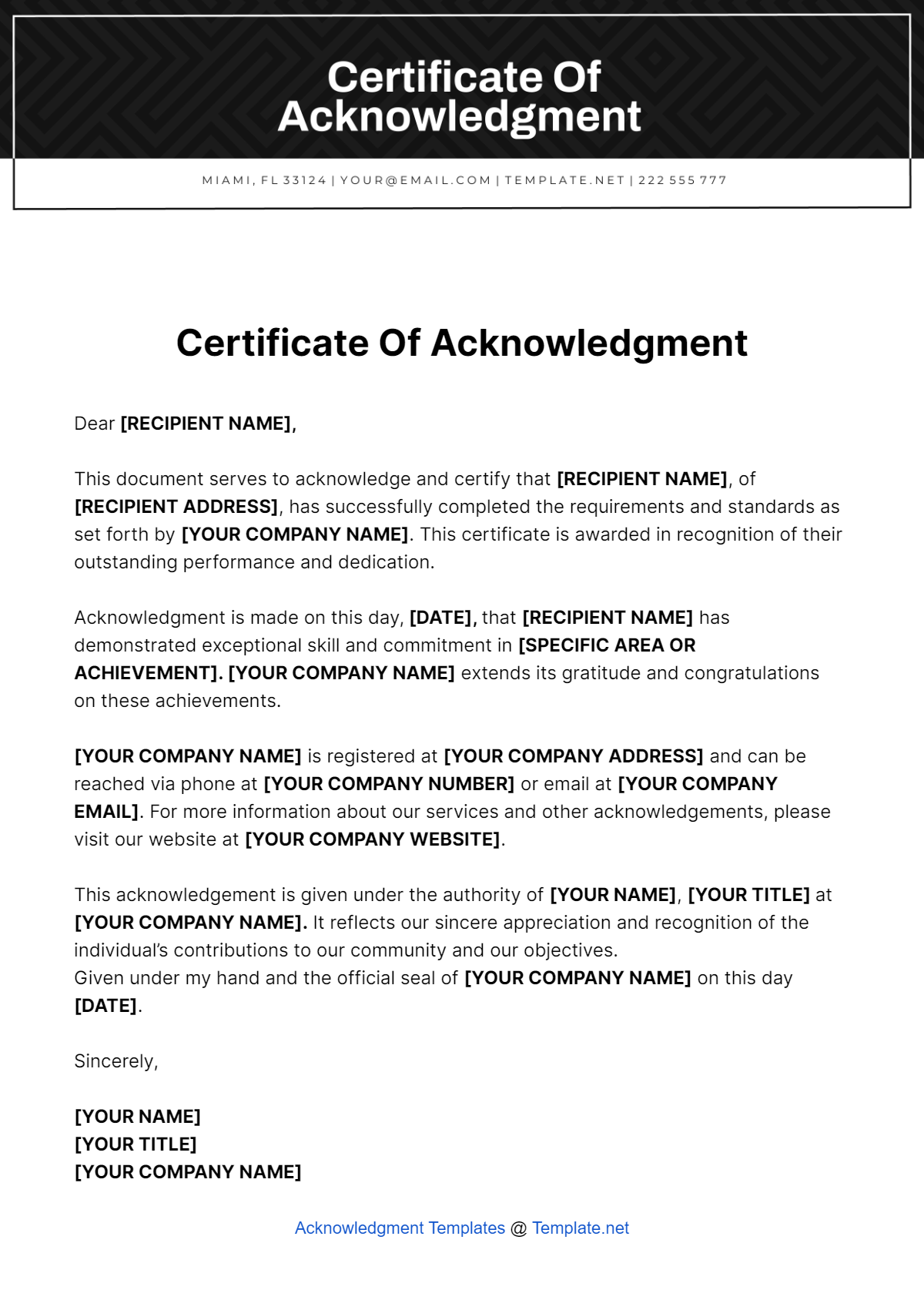 Certificate Of Acknowledgment Template - Edit Online & Download