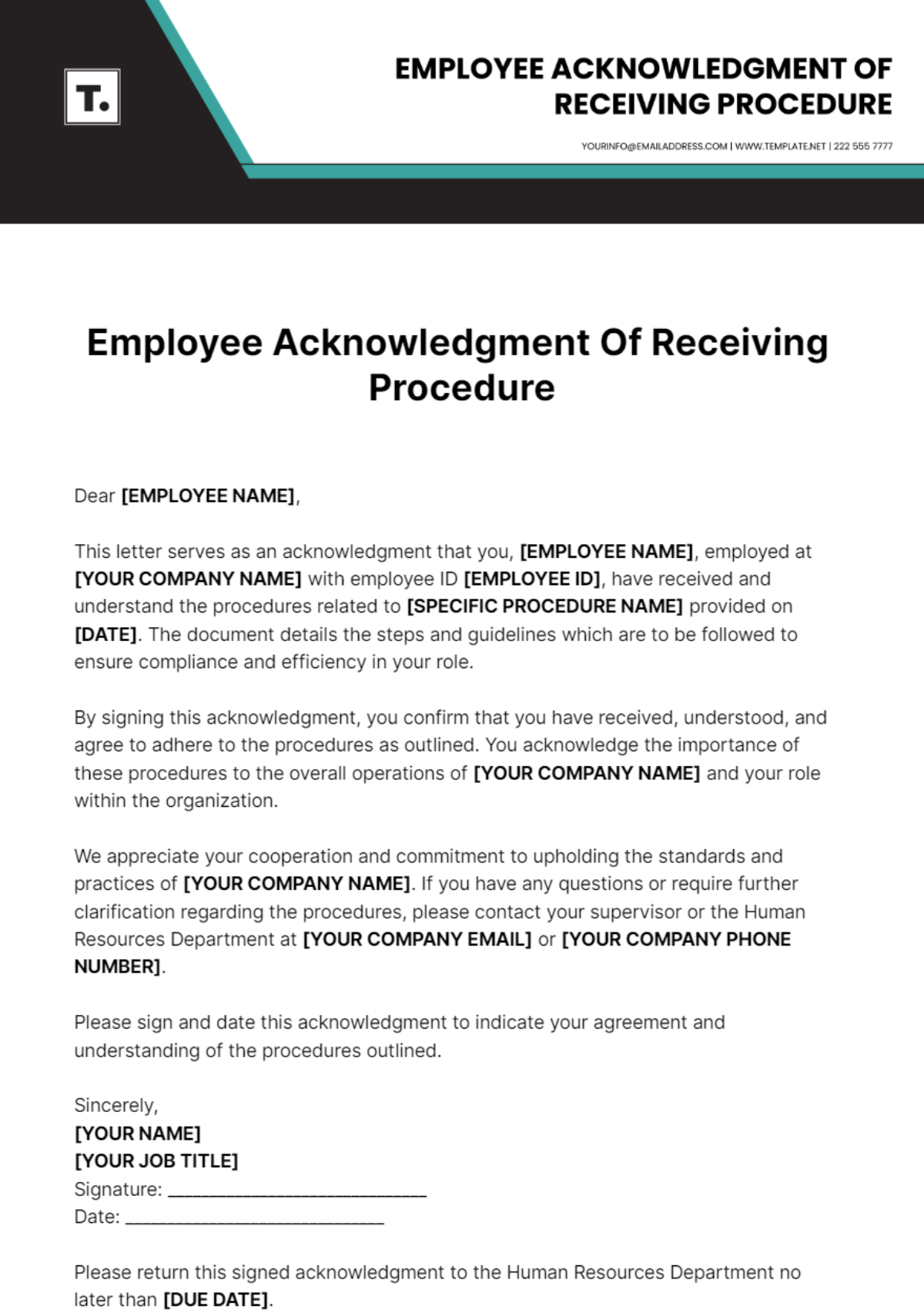 Employee Acknowledgment Of Receiving Procedure Template