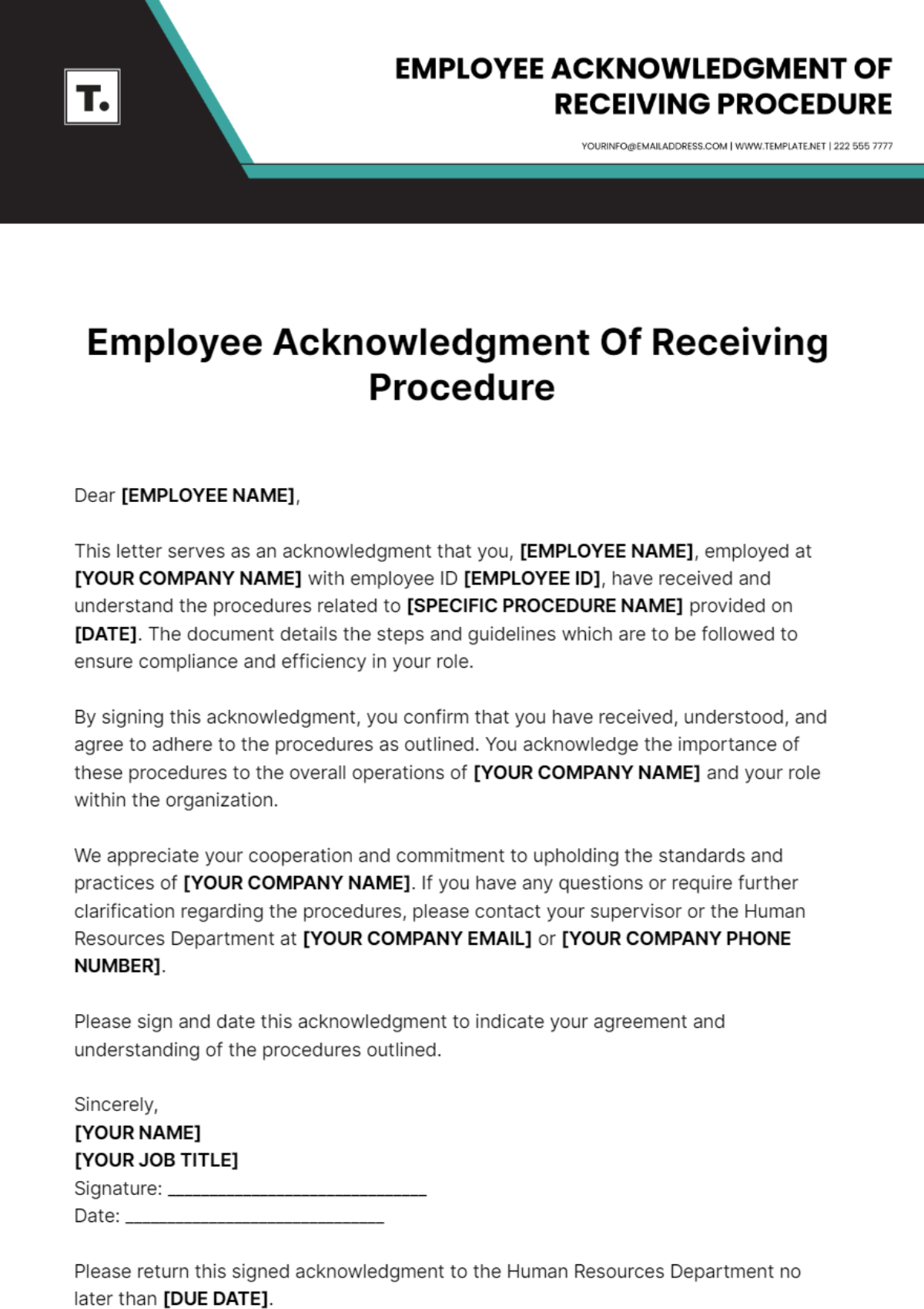 Employee Acknowledgment Of Receiving Procedure Template - Edit Online & Download