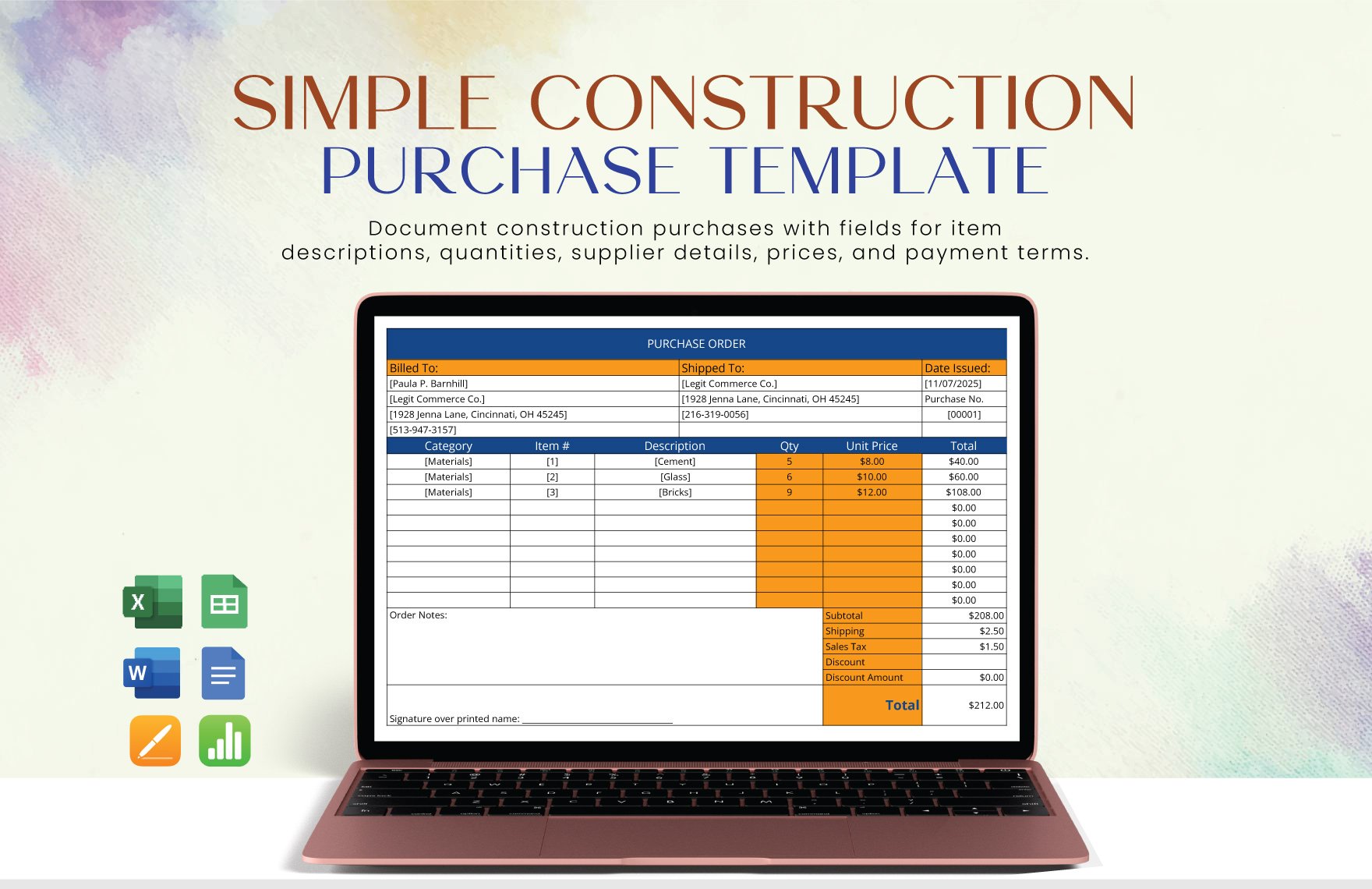 Simple Construction Purchase Template in Word, Google Docs, Excel, Google Sheets, Apple Pages, Apple Numbers