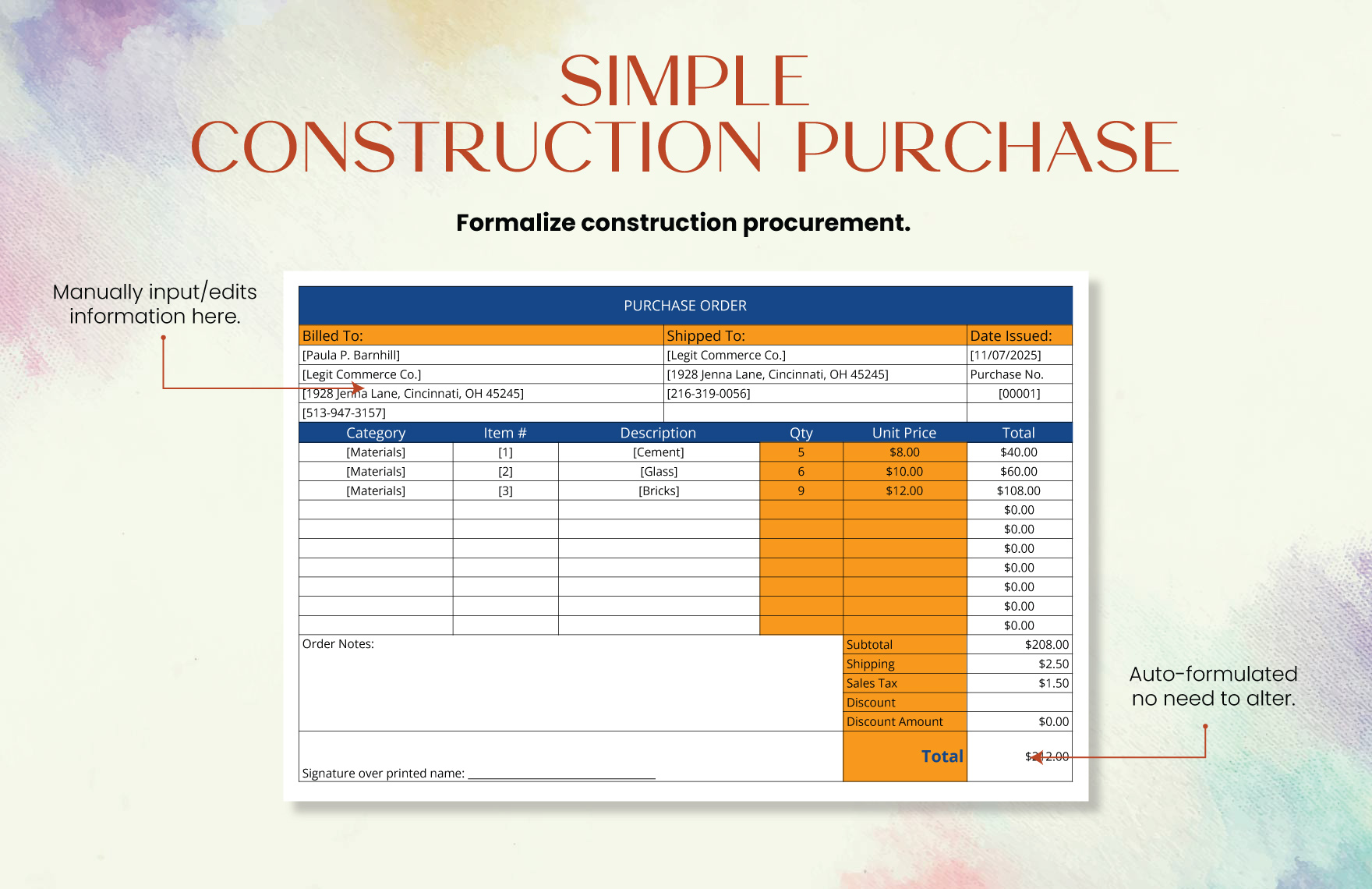 Simple Construction Purchase Template