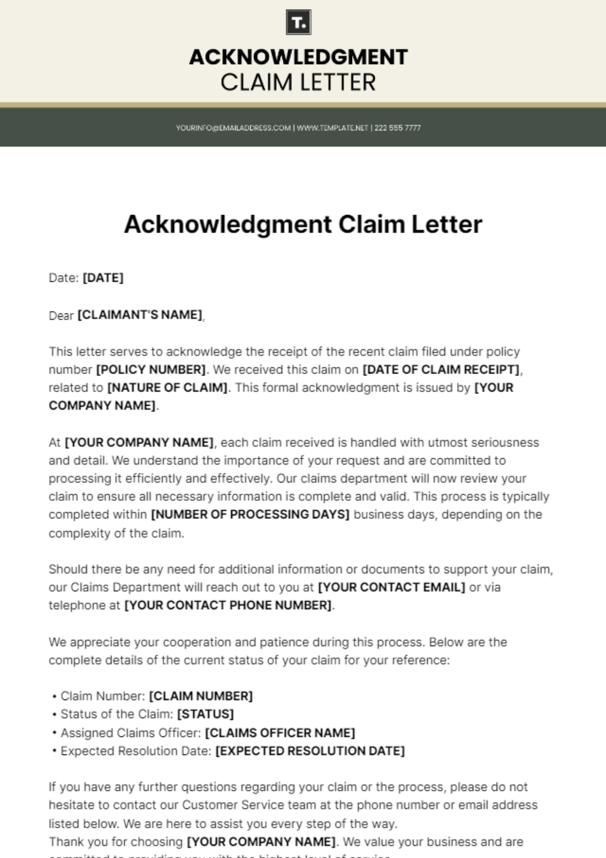 Acknowledgment Claim Letter Template - Edit Online & Download