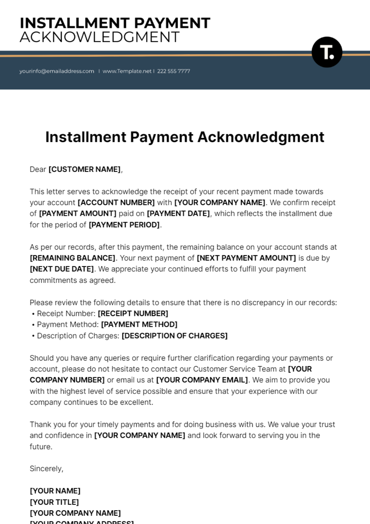 Installment Payment Acknowledgment Template