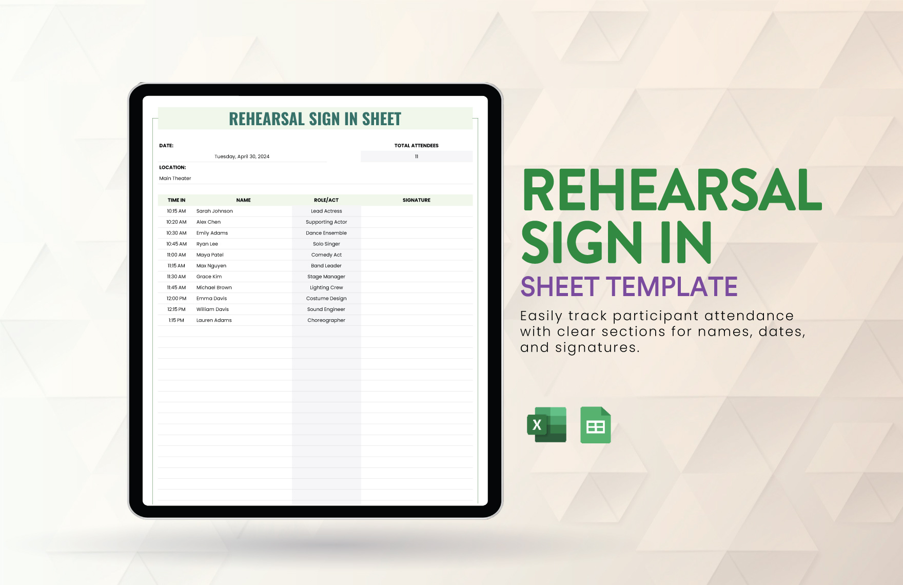 Rehearsal Sign in Sheet Template in Excel, Google Sheets